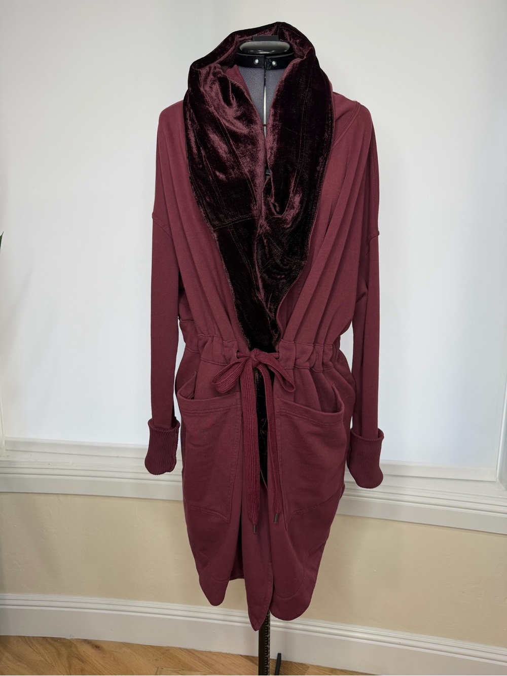 Free People Velvet-Trim Burgundy Tie-Waist Robe Cardigan